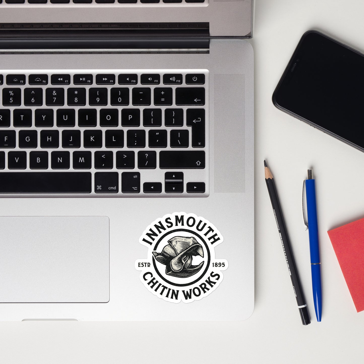 Innsmouth Chitin Works – Vintage Monochrome Logo Bubble-free stickers