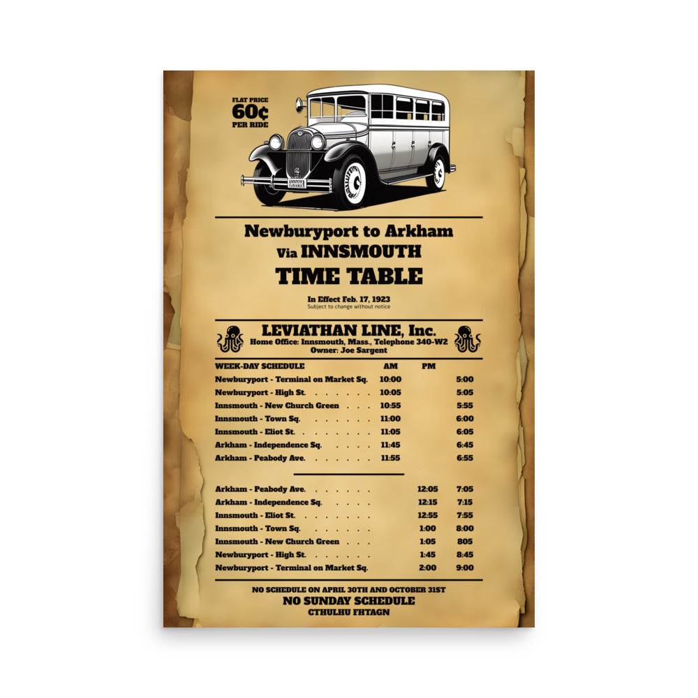 Innsmouth Bus Schedule Joe Sargent Poster