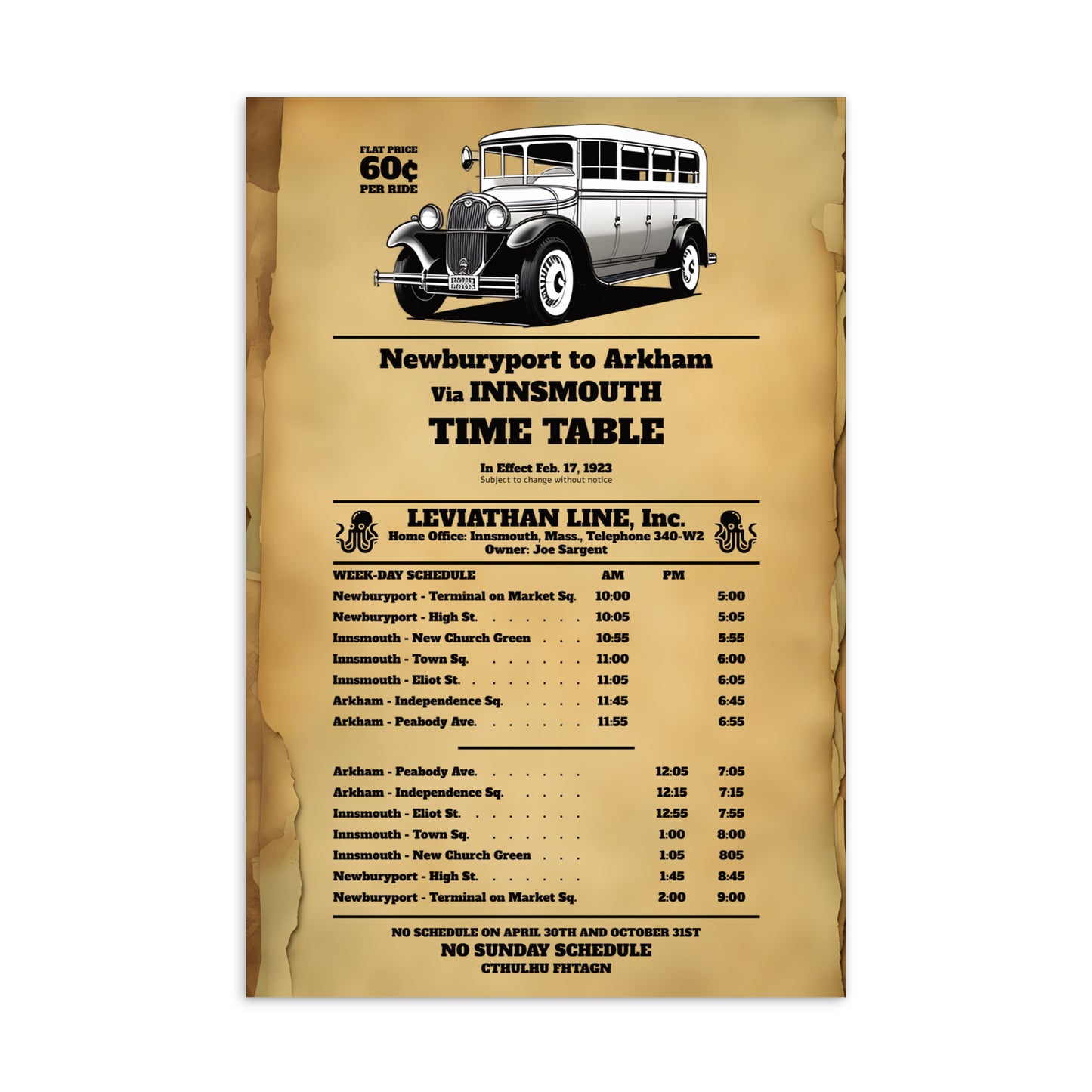 Innsmouth Bus Schedule Joe Sargent Standard Postcard