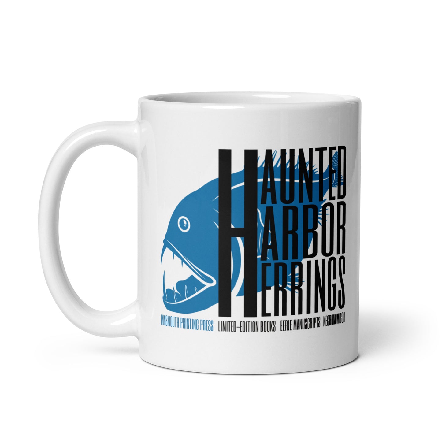 Haunted Harbor Herrings Printing Press Taza blanca brillante