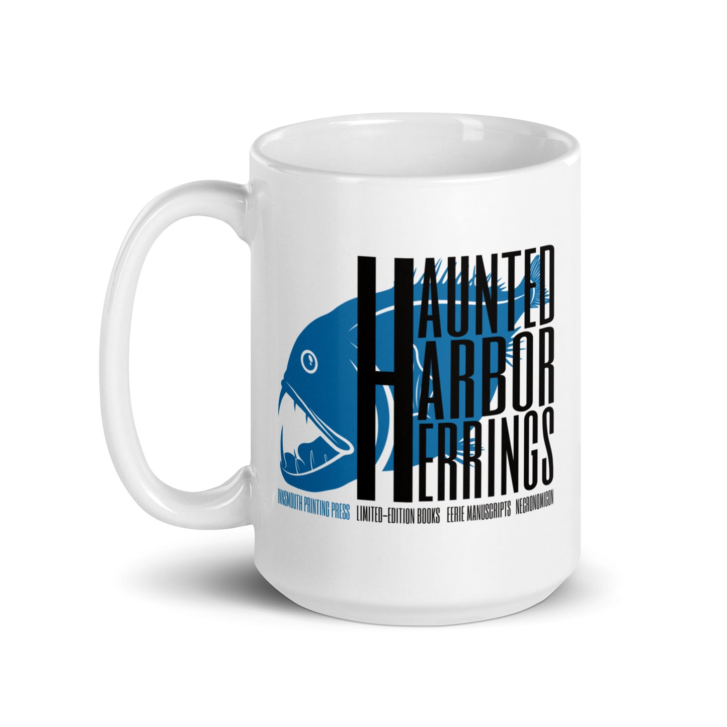 Haunted Harbor Herrings Printing Press Taza blanca brillante